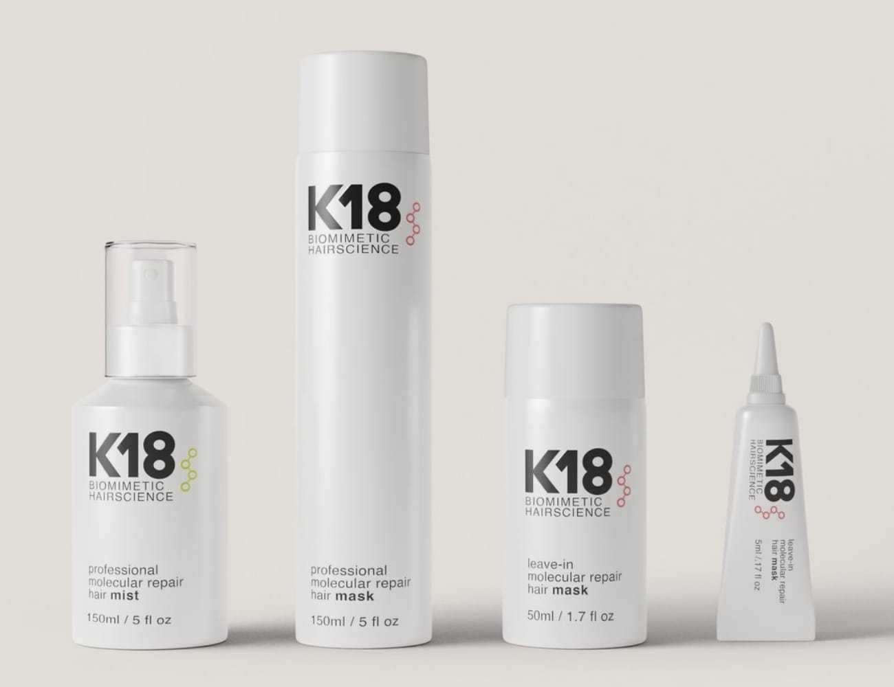K18 haircare products line: mist, mask, leave-in, and 15ml tube.